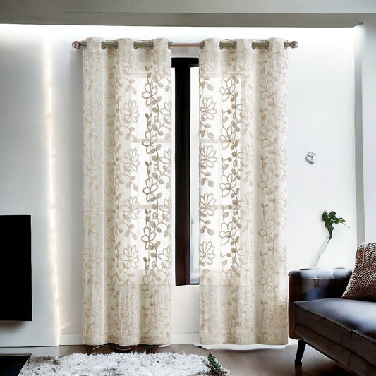 Set of Two 96" Tan Floral Embroidered Window Panels