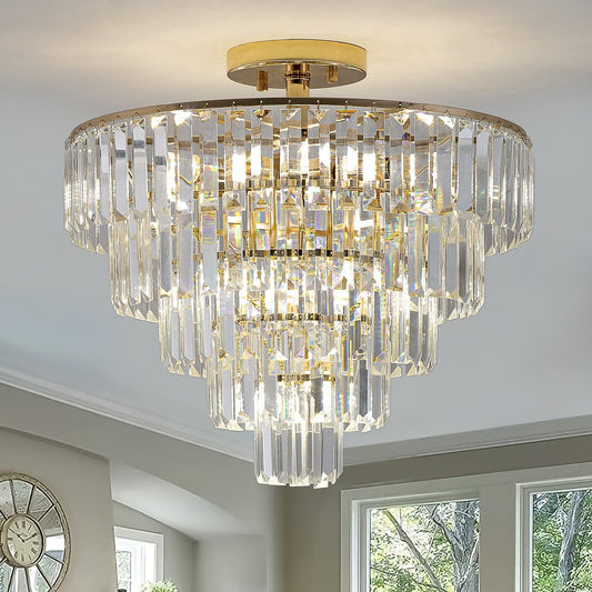 Gold Ten Light Metal Semi-Flush Chandelier With Gold Shades