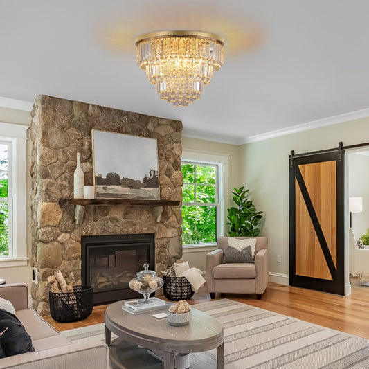 Gold Six Light Crystal Flush Chandelier With Gold Shades