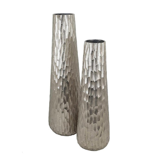Set of Two Silver Cast Aluminum Textured Table Vases