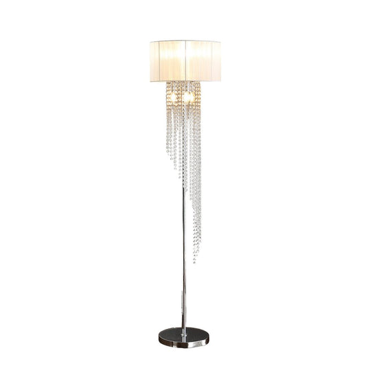 66" Clear And Silver Crystal And Metal Floor Lamp With White Linen Drum Shade