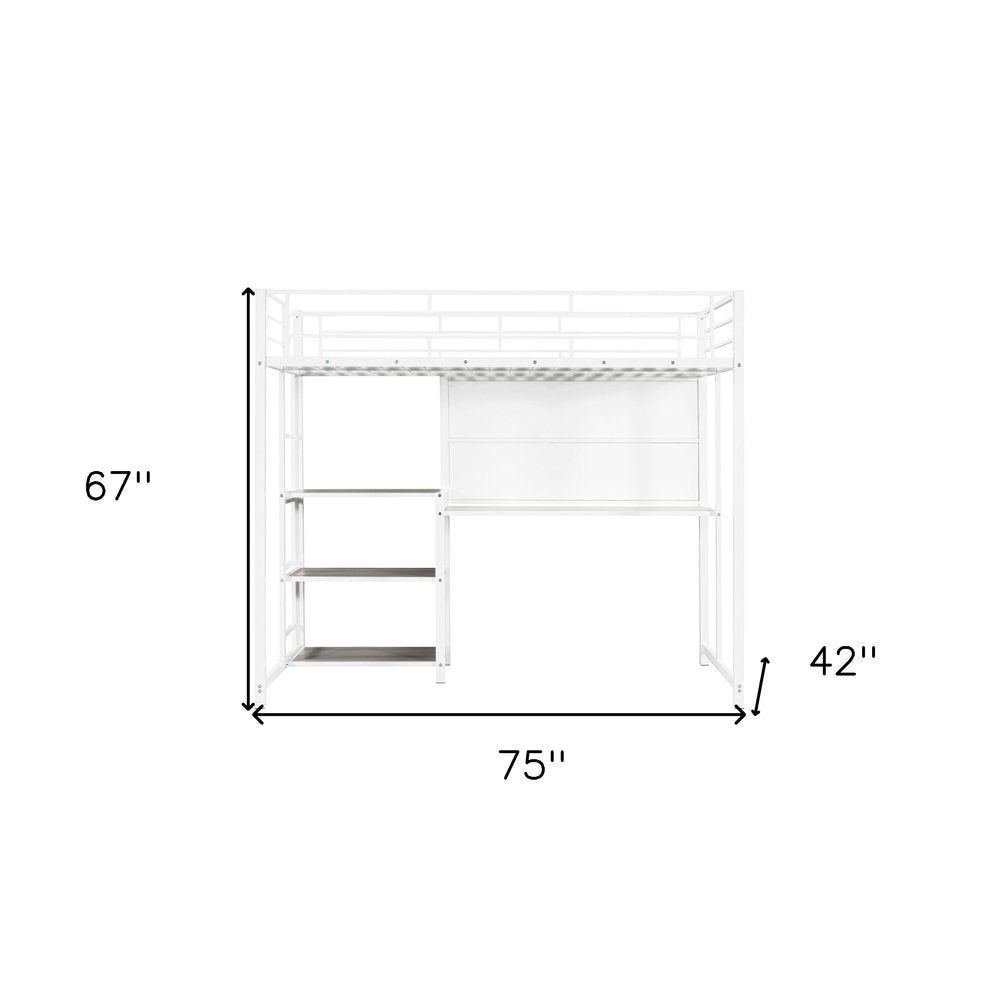White Slat Steel Twin Loft Bed With Desk And Shelves