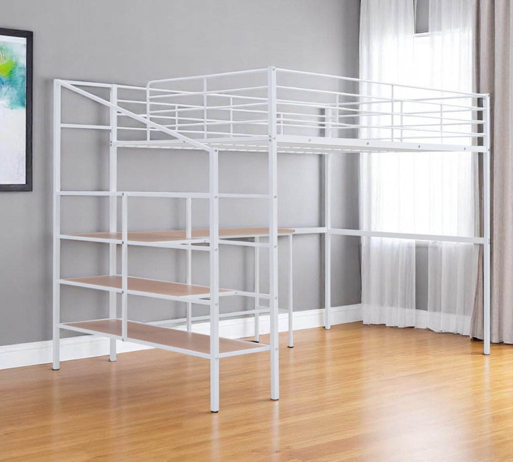 White And Brown Platform Wood And Metal Full Double Loft Bed With Stairs Desk And Shelves