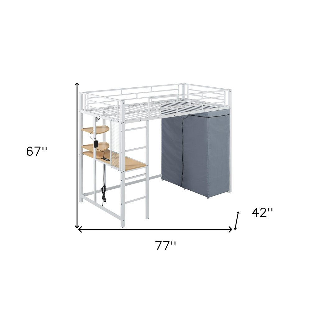 White Four Poster Wood Twin Loft Bed with Desk and Shelves