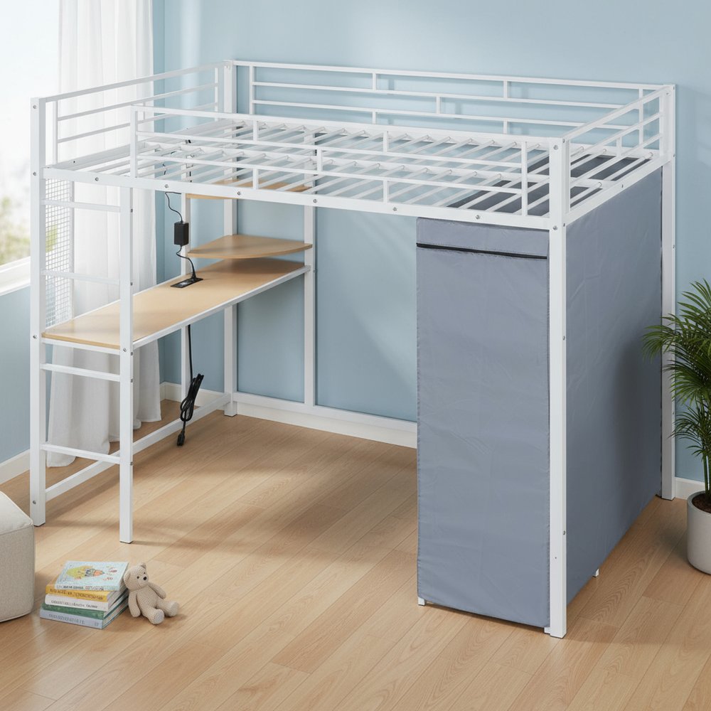 White Four Poster Wood Full Double Loft Bed with Desk and Shelves