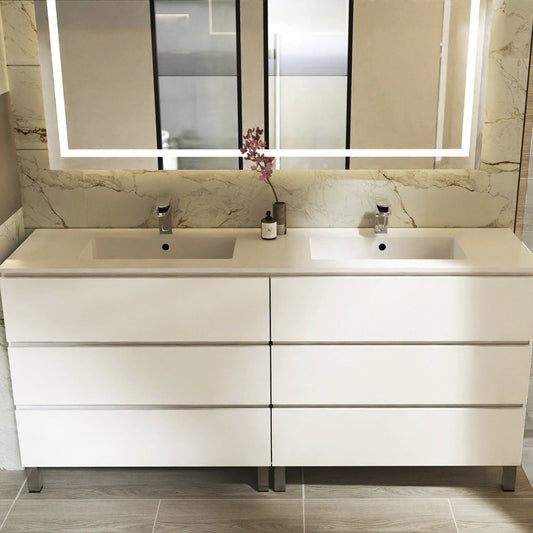 72" White Wood Freestanding Bathroom Vanity With White Sink And Three Drawers