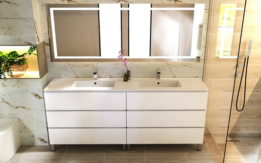 80" White Wood Freestanding Bathroom Vanity With White Sink And Three Drawers