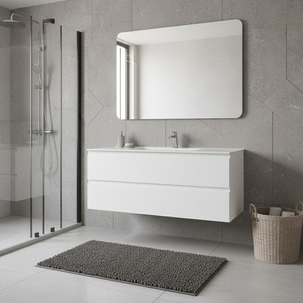 48" White Wood Freestanding Bathroom Vanity With White Sink And Two Drawers