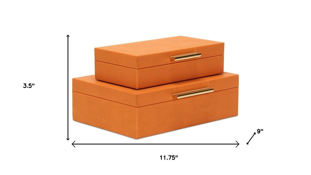 Set Of Two Orange Faux Shagreen Jewelry Boxes With Decorative Hardware