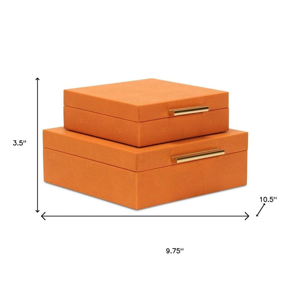 Set Of Two Modern Orange Faux Shagreen Jewelry Boxes With Decorative Hardware