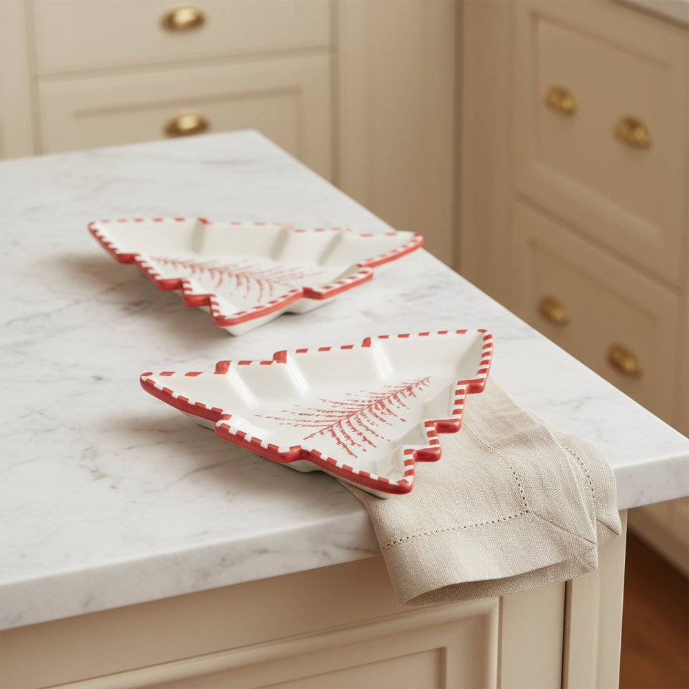 Set of Two Red And White Ceramic Tree Shaped Christmas Serving Trays