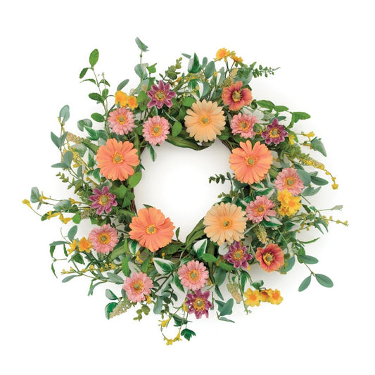 26" Green Orange And Pink Daisy Artificial Wreath