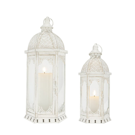 Set of Two White Distressed Ornate Metal Tabletop Lantern Candle Holders