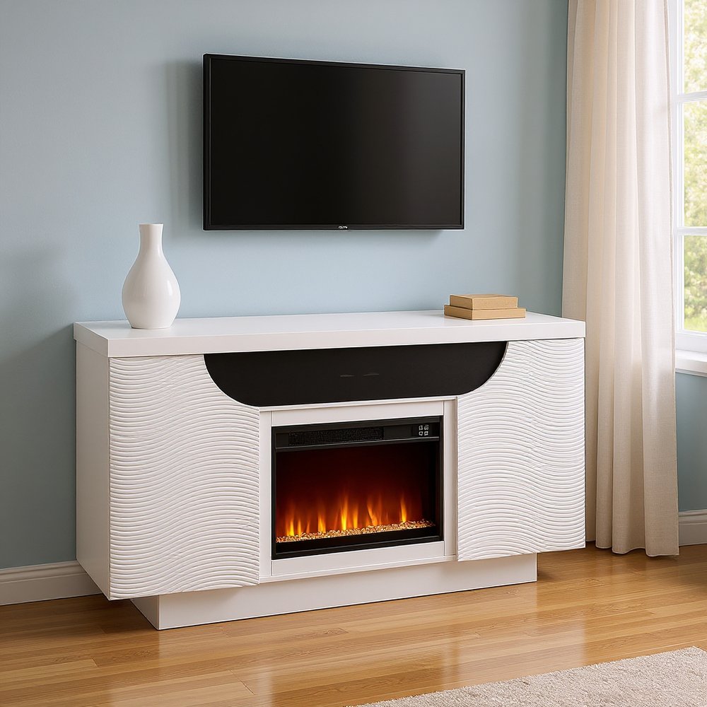 66" White Ribbed Wood Electric Storage Cabinet Fireplace With LED And Speaker