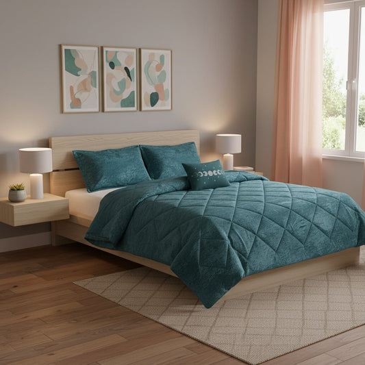 Set of Three Teal Blue Twin Ring Stitch Polyester Sham And Comforter