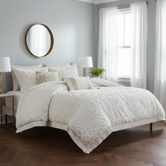 Set of Three White Medallion Queen Ring Stitch Sham And Comforter