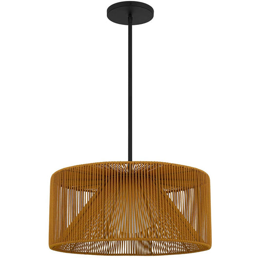 Natural And Black Rattan String And Metal LED Dimmable Outdoor Hanging Pendent Light