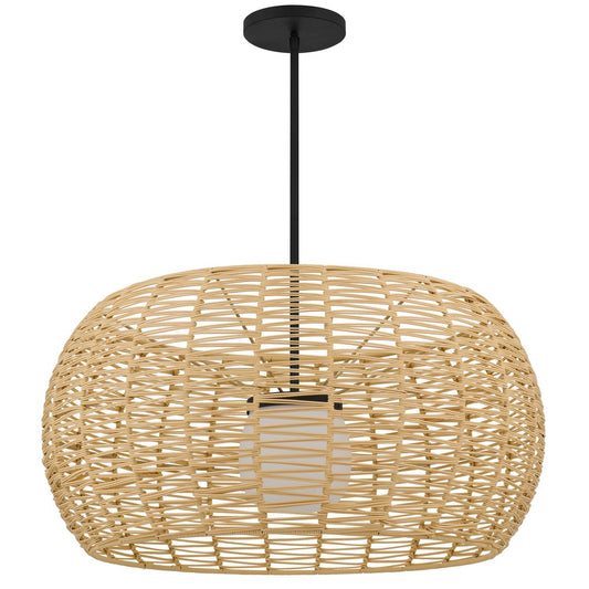 Natural And Black Rattan And Metal LED Dimmable Outdoor Hanging Pendent Light