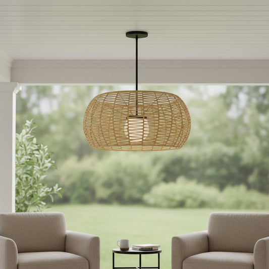 Natural And Black Rattan And Metal LED Dimmable Outdoor Hanging Pendent Light