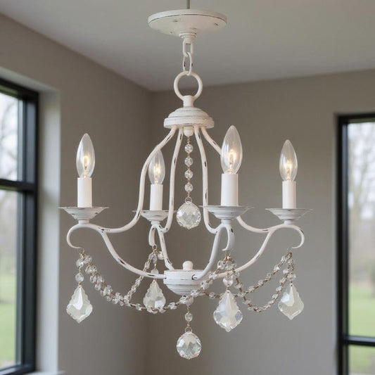 Antiqued White Four Light Metal Dimmable Chandelier With Shades