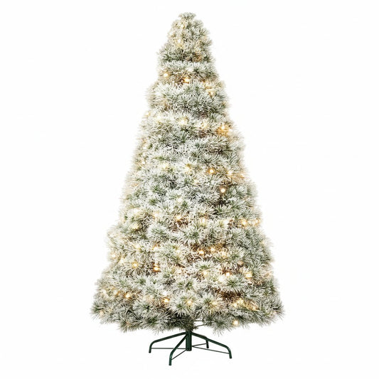 9' White Pre Lit Full Flocked Spruce Christmas Tree