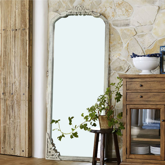 White Wood Arch Freestanding Ornate Framed Accent Mirror