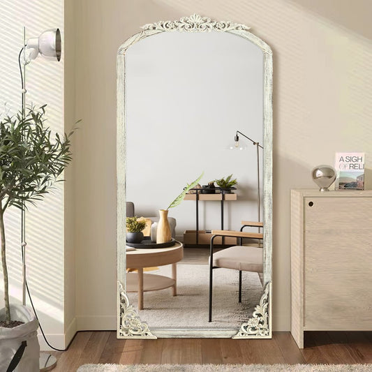 White Wood Arch Freestanding Ornate Framed Accent Mirror
