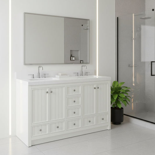 60" White Wood Double Bathroom Vanity With White And Gray Quartz Countertop