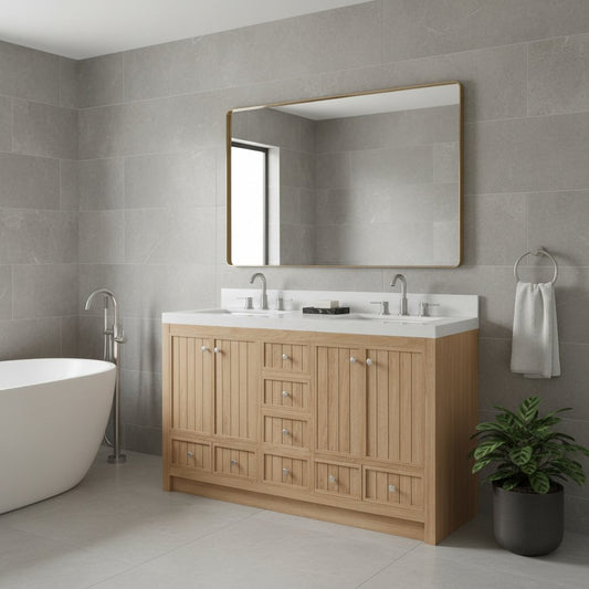 60" Natural Wood Double Bathroom Vanity With White And Gray Quartz Countertop