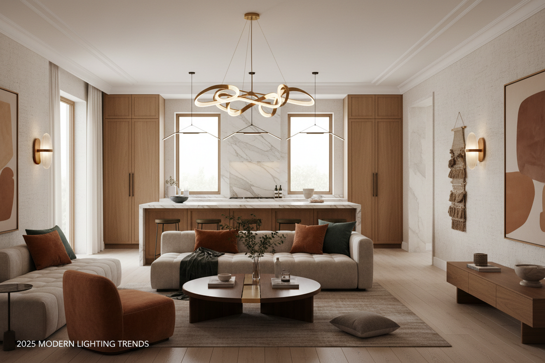  beautifully styled warm-modern living room with multiple lighting layers—chandelier, table lamps, and ambient lighting