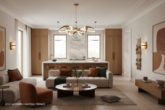  beautifully styled warm-modern living room with multiple lighting layers—chandelier, table lamps, and ambient lighting