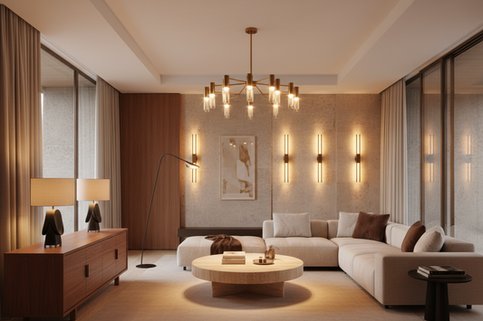 beautifully demonstrate the concept of layered lighting with all three layers visible—a chandelier for ambient light, table and floor lamps for task lighting, and wall sconces for accent lighting—all working together in a warm-modern space.