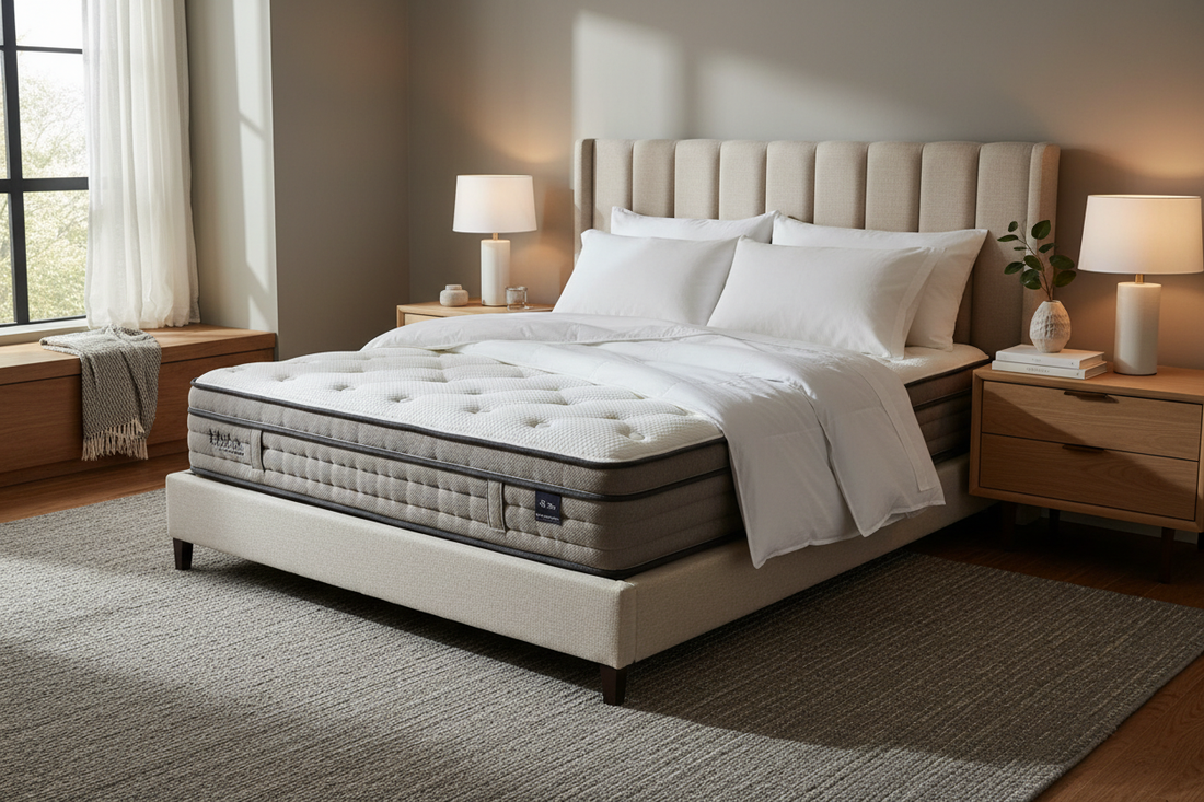 Modern bedroom with premium mattress and luxury bedding in warm, elegant setting