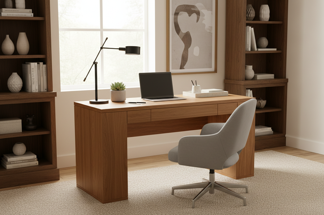 Modern home office desk with ergonomic chair and organized workspace