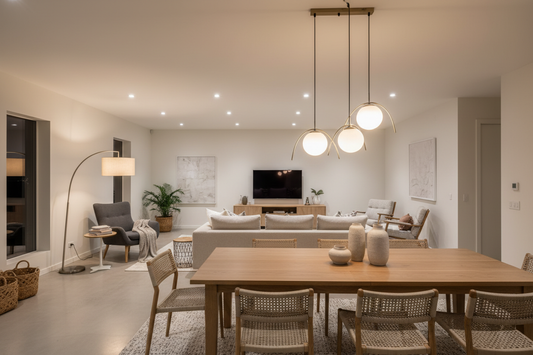 open concept living space with interior zoning created by layered lighting defining different areas