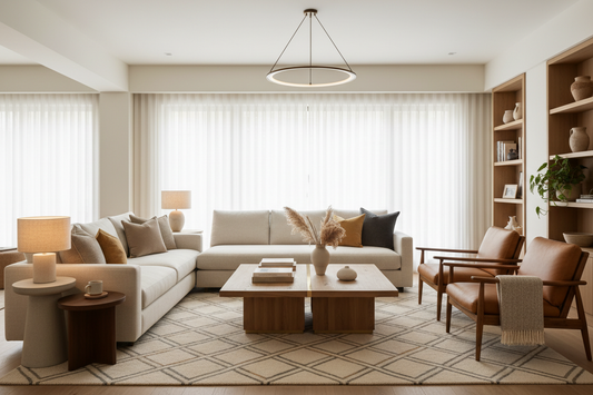 Warm-modern living room with comfortable sofa, accent chairs, and coffee table showcasing balanced furniture selection