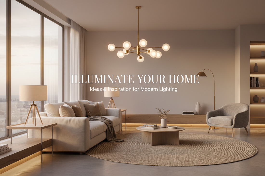 beautifully styled warm-modern living room with multiple lighting layers—chandelier, table lamps, and ambient lighting