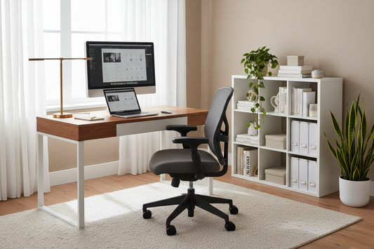 Well-organized home office with ergonomic chair, modern desk, storage solutions, and task lighting in warm-modern style.