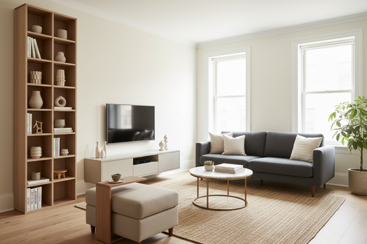 A well-proportioned modern living room showcasing smart furniture choices for small spaces with sofa, round table, and vertical storage