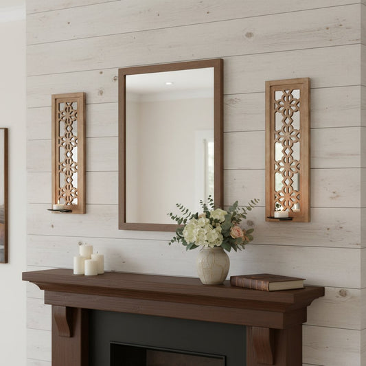 Set of Two Tan Lattice Wall Sconce Candle Holders