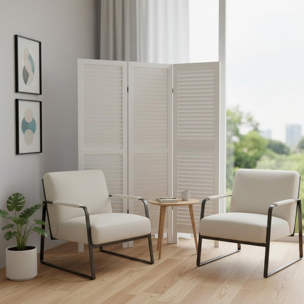 White Finish Wood Shutter 3 Panel Room Divider Screen
