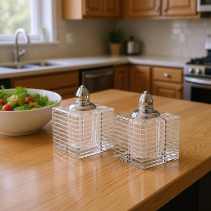Set of Two Clear And Silver Crystal Striped Pepper Shakers