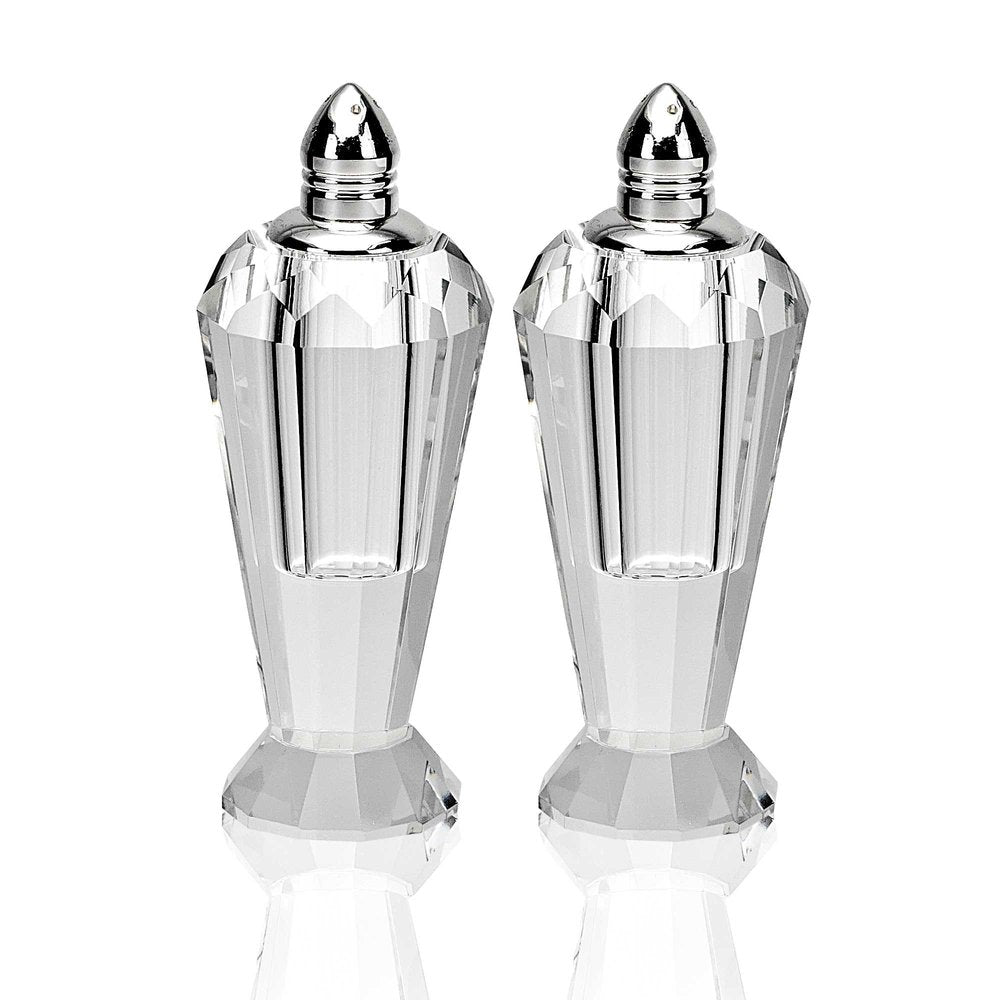 Set of Two Clear And Silver Crystal Geometric Pepper Shakers