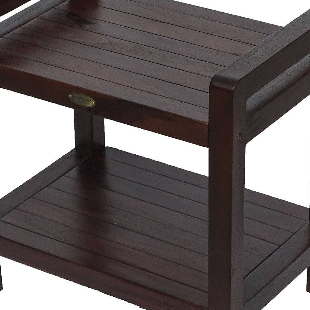 Rectangular Teak Shower Bench With Handles In Brown Finish