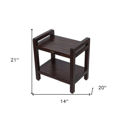 Rectangular Teak Shower Bench With Handles In Brown Finish