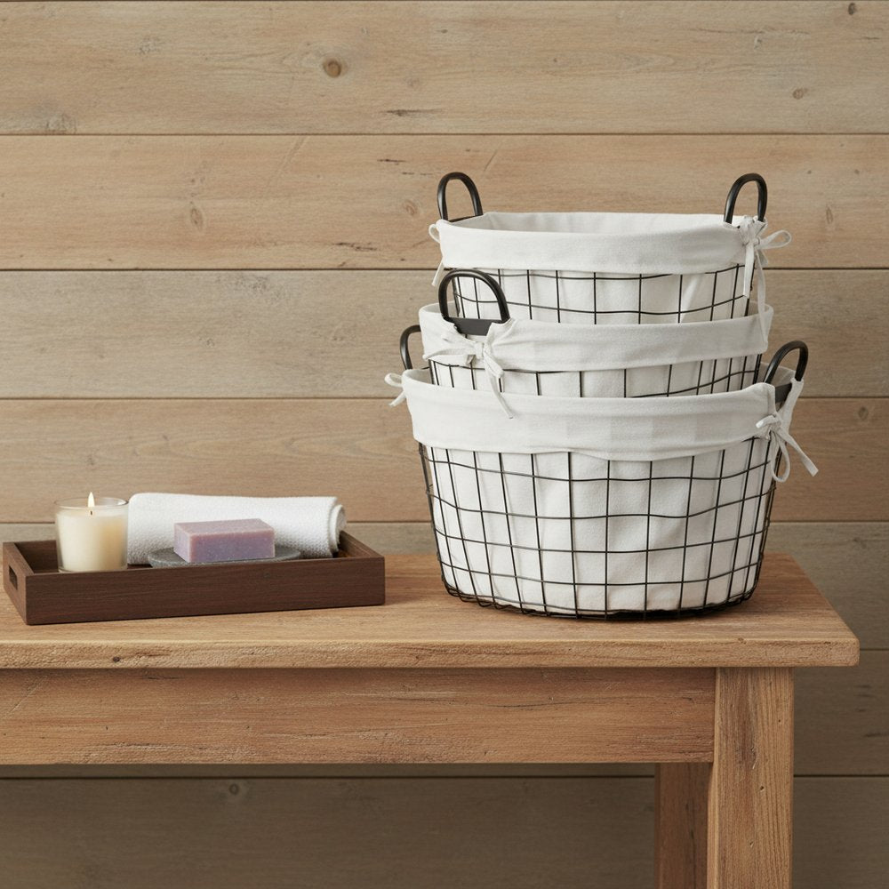 Set Of Three Black Oval Wire Baskets with White Fabric Liners and Handles