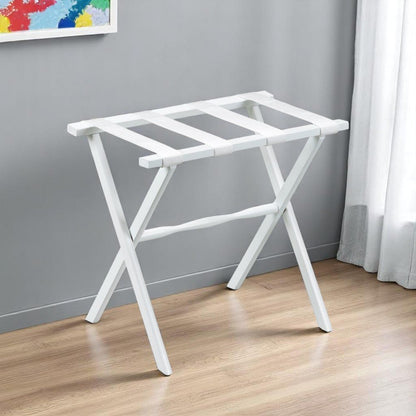 Hotel White Finish Wood Folding Luggage Rack With White Straps