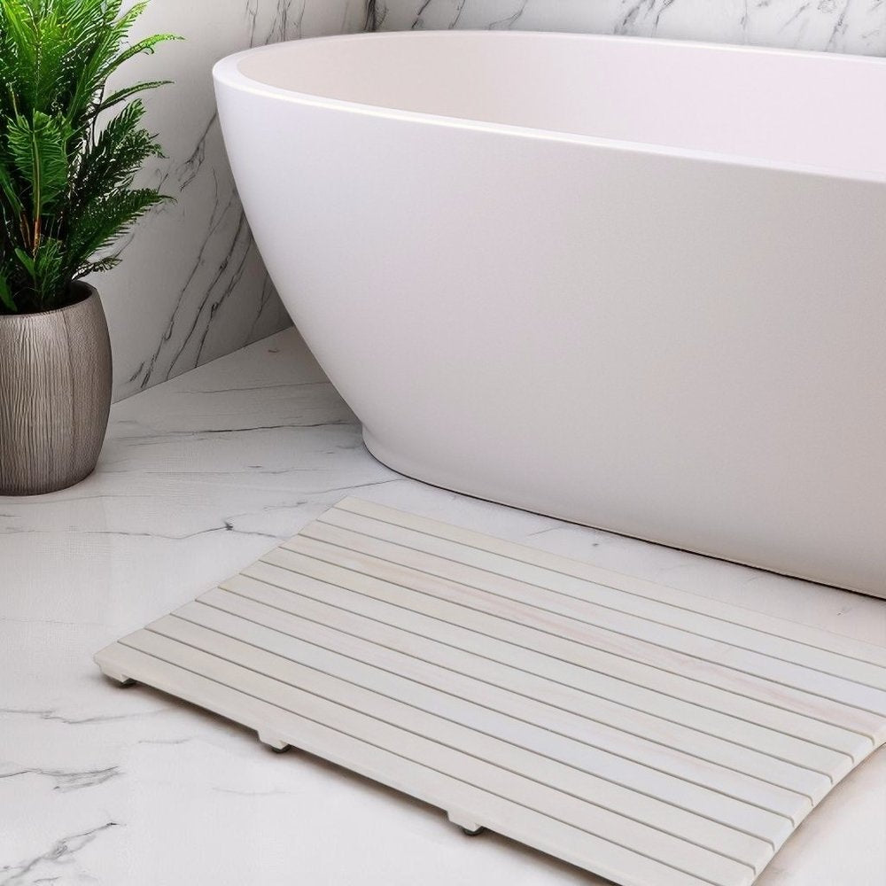 40" White Teak Slat Non Slip Bath Mat