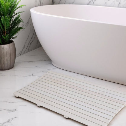 40" White Teak Slat Non Slip Bath Mat