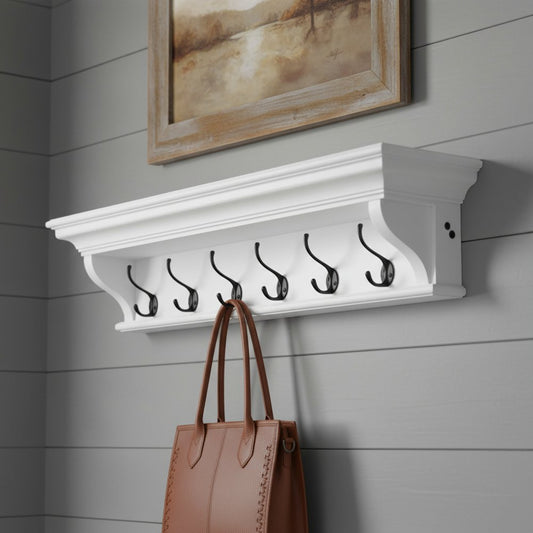 Classic White Wood Wide Six Hook Wall Mounted Coat Rack